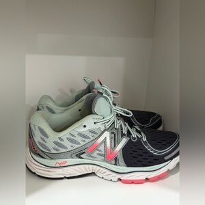 New Balance green, gray and pink running shoes (has stains)